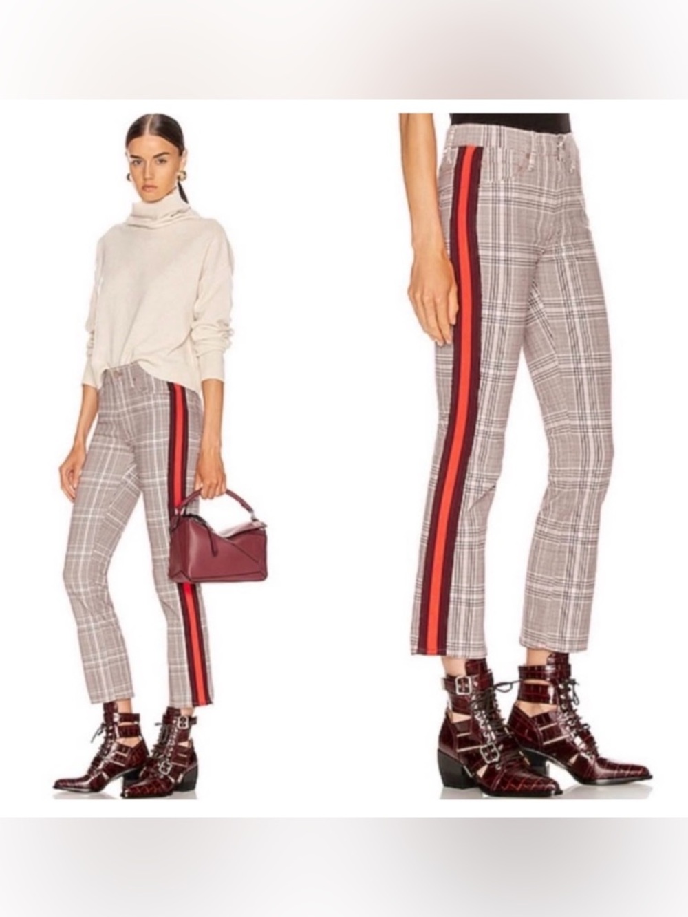 Mother Insider Plaid Trousers Straight Leg Cropped Ankle Length Pants Plum Pink